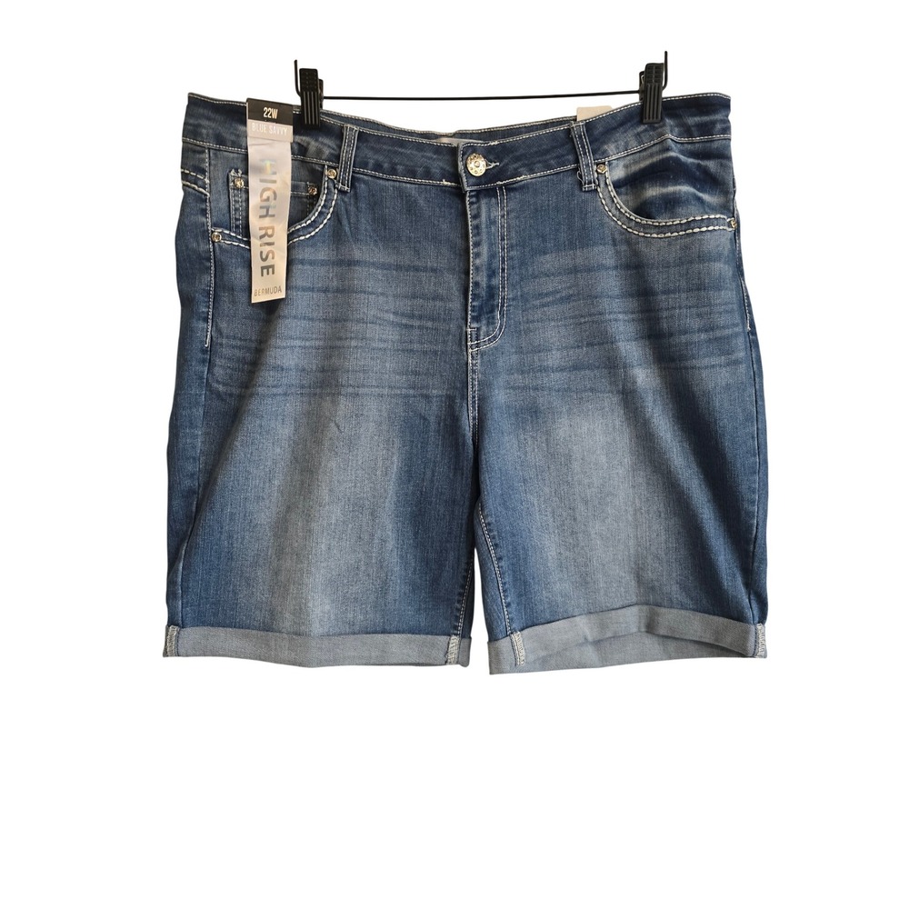 🆕️ - NWT Blue Savvy Womens High Rise Bermuda Shorts Blue Denim Embroidered 22W
